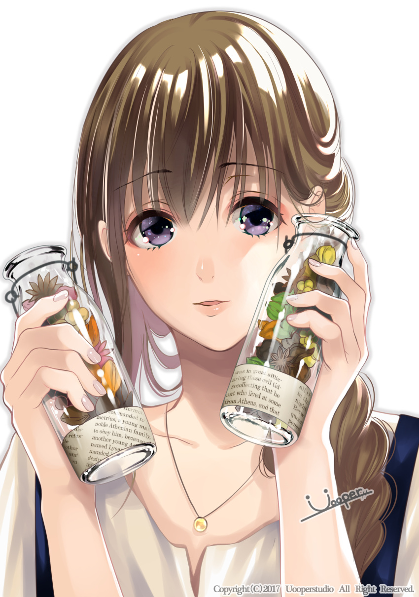1girl absurdres artist_name bangs blue_eyes bottle braid brown_hair collarbone eyebrows_visible_through_hair fingernails hands_up highres holding holding_bottle jewelry leaf lips long_hair looking_at_viewer necklace original parted_lips shirt sidelocks simple_background single_braid solo uooper upper_body watermark white_background white_shirt