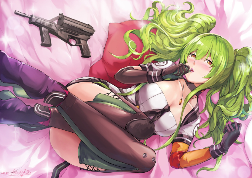 1girl asymmetrical_gloves bangs black_footwear black_gloves black_neckwear blush boots breasts bullet calico_m950 cleavage eyebrows_visible_through_hair full_body girls_frontline gloves green_hair gun hair_between_eyes hand_up handgun head_tilt high_heel_boots high_heels highres hiroki_ree holding jewelry knees_up long_hair looking_at_viewer lying m950a_(girls_frontline) medium_breasts messy_hair neckerchief necklace on_back open_mouth shirt sidelocks signature skirt smile solo submachine_gun thigh-highs twintails two_side_up weapon yellow_eyes