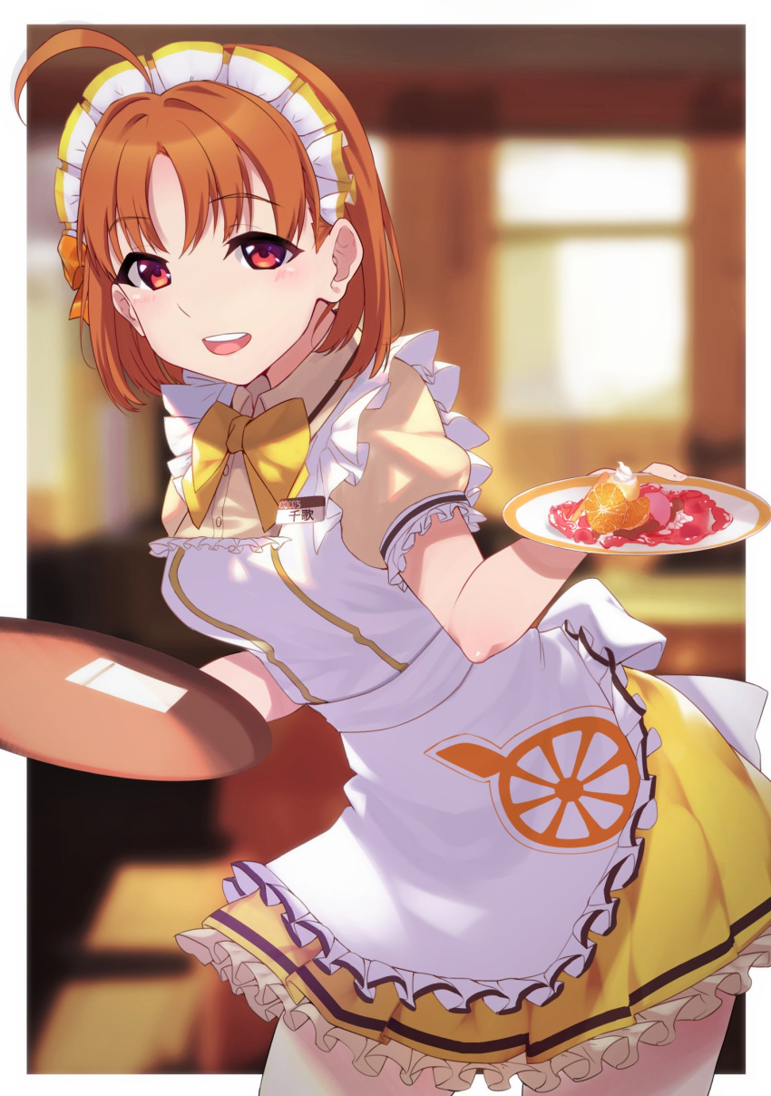 1girl ahoge apron bangs blurry blurry_background bow bowtie coco's collared_shirt commentary_request frilled_apron frilled_skirt frilled_sleeves frills hair_bow highres holding holding_tray looking_at_viewer love_live! love_live!_sunshine!! maid_headdress name_tag open_mouth orange_bow orange_hair orange_print print_apron red_eyes shirt short_hair short_sleeves skirt smile solo takami_chika tray waist_apron waitress white_apron yamaori_(yamaorimon) yellow_neckwear yellow_skirt