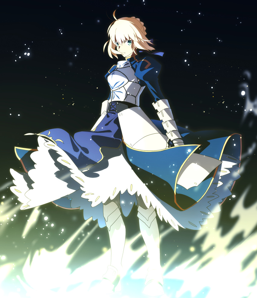 1girl absurdres ahoge armor armored_boots armored_dress artoria_pendragon_(all) black_background blue_dress blue_ribbon boots braided_bun dress fate/stay_night fate_(series) floating_hair gauntlets green_eyes hair_ribbon highres long_dress looking_at_viewer ribbon saber sen_(77nuvola) short_hair silver_hair solo standing