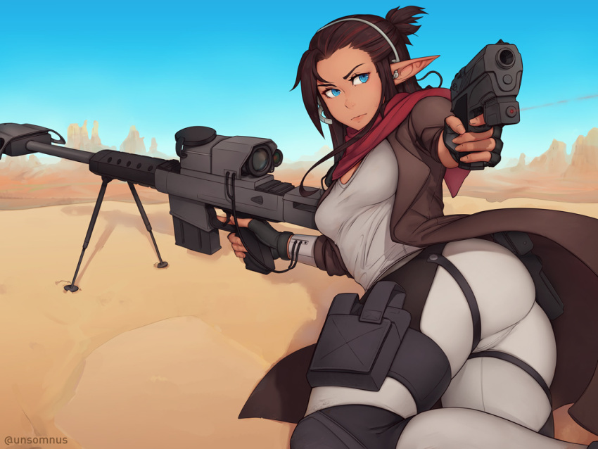 ass blue_eyes blue_sky blush breasts brown_hair closed_mouth coat commission day desert elf fingerless_gloves gloves gun handgun headset holding holding_gun holding_weapon holster knee_pads long_coat long_hair looking_back lying medium_breasts on_side open_clothes open_coat original pointy_ears rifle scarf sky sniper_rifle solo thigh_holster trigger_discipline twitter_username unsomnus weapon