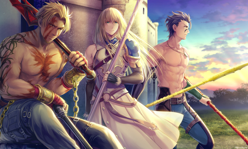 3boys arm_tattoo beowulf_(fate/grand_order) black_gloves black_hair blob blue_pants blue_sky breastplate brown_eyes castle chains chest_scar closed_mouth clouds cloudy_sky collarbone commentary_request cuffs diarmuid_ua_duibhne_(fate/grand_order) elbow_gloves facial_scar fate/grand_order fate_(series) fingerless_gloves fionn_mac_cumhaill_(fate/grand_order) gloves grass green_eyes hagino_kouta highres holding holding_lance jewelry lance lancer_(fate/zero) long_hair male_focus manly mole mole_under_eye multiple_boys o-ring outdoors pants pendant polearm red_eyes scar shirtless signature sitting sky smile standing sunset tattoo weapon