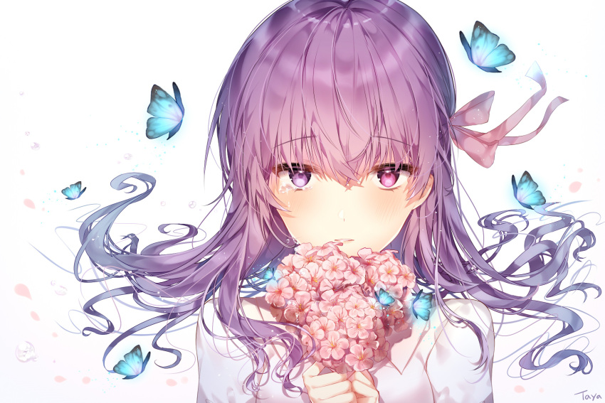 1girl artist_name bangs blush bouquet bug butterfly commentary_request crying crying_with_eyes_open eyebrows_visible_through_hair fate/stay_night fate_(series) floating_hair flower hair_between_eyes hair_ribbon heaven's_feel heterochromia highres holding holding_bouquet insect long_hair looking_at_viewer matou_sakura own_hands_together parted_lips petals pink_eyes pink_flower pink_ribbon purple_hair ribbon shirt simple_background solo taya_5323203 tears upper_body violet_eyes wavy_hair white_background white_shirt