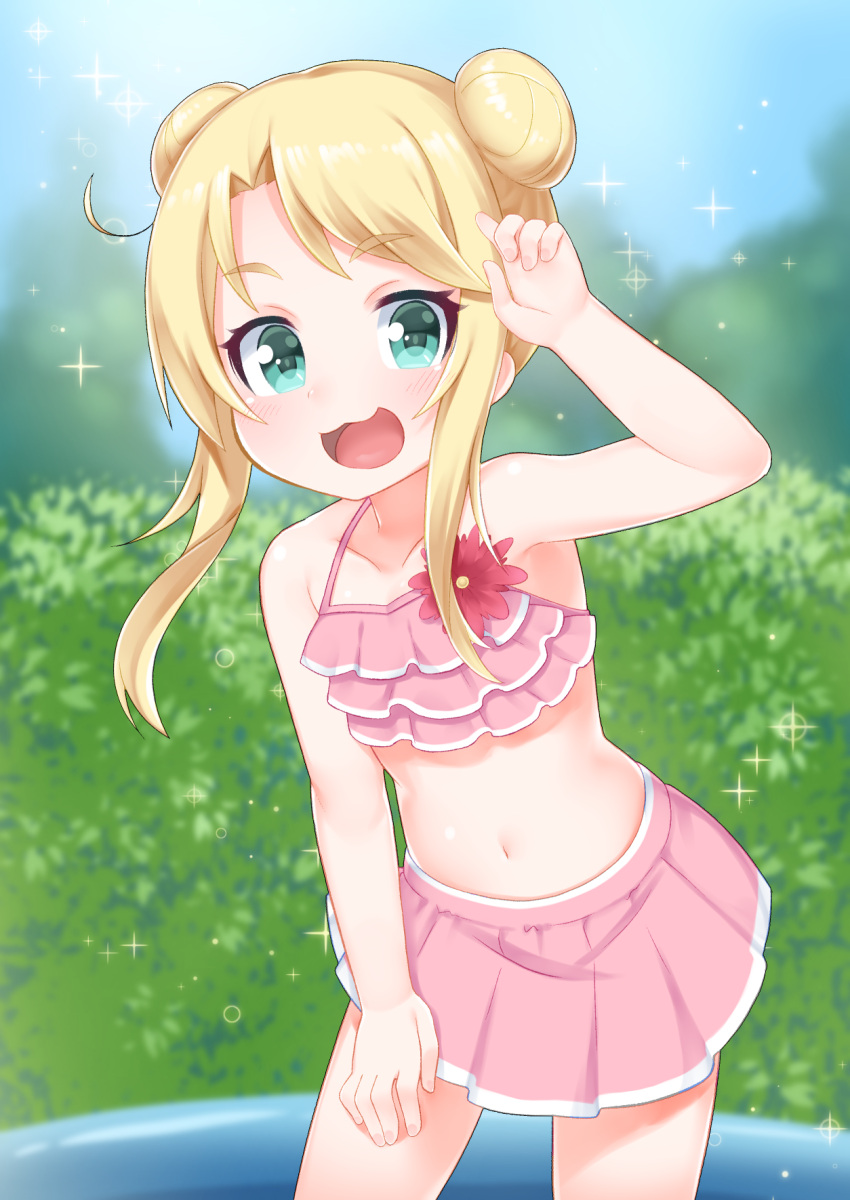 1girl :d arm_up bangs bare_shoulders bikini bikini_skirt blonde_hair blurry blurry_background blush commentary_request day depth_of_field double_bun eyebrows_visible_through_hair fingernails flower frilled_bikini frills green_eyes hand_on_leg hedge_(plant) highres himesaka_noa kirisame_mia leaning_forward long_hair looking_at_viewer navel open_mouth outdoors pink_bikini red_flower side_bun sidelocks smile solo swimsuit watashi_ni_tenshi_ga_maiorita!