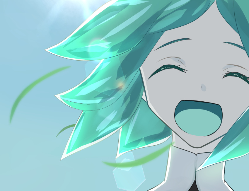 1other absurdres androgynous aqua_hair closed_eyes colored_eyelashes crystal_hair face green_hair happy highres houseki_no_kuni open_mouth phosphophyllite short_hair smile solo white_skin