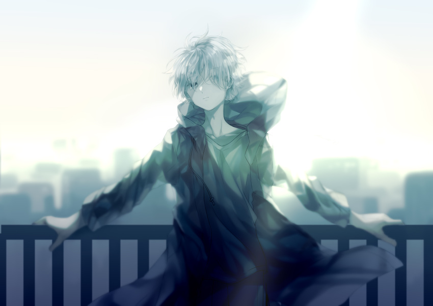 1boy blurry blurry_background colored_eyelashes expressionless grey_eyes grey_eyes hair_over_one_eye highres hood hooded_jacket jacket looking_at_viewer male_focus original railing rooftop short_hair silver_hair sky white_hair