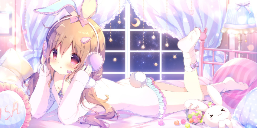 &gt;_&lt; 1girl animal_ears bangs bed blue_nails blush bow breasts bunny_girl bunny_tail collarbone commentary_request crescent curtains earphones eyebrows_visible_through_hair fake_animal_ears fingernails frilled_pillow frills hair_between_eyes hair_bow hands_up has_bad_revision has_downscaled_revision headset highres indoors jacket jar leg_up long_hair long_sleeves looking_at_viewer lying multicolored multicolored_nails nail_polish night night_sky no_shoes on_bed on_stomach original parted_lips pillow pink_bow pink_jacket purple_nails rabbit_ears red_bow red_eyes red_nails shiratama_(shiratamaco) sky sleeves_past_wrists soles solo star star_(sky) starry_sky stuffed_animal stuffed_bunny stuffed_toy tail white_legwear window