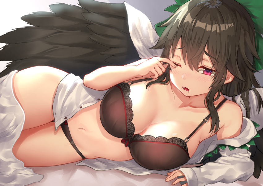 1girl arm_support bangs bare_shoulders black_bra black_hair black_panties black_wings blanket blush bow bow_panties bra breasts cape cleavage collarbone commentary_request drooling eyebrows_visible_through_hair feathered_wings gradient gradient_background green_bow grey_background hair_between_eyes hair_bow highres large_breasts long_hair long_sleeves navel no_pants off_shoulder one_eye_closed open_clothes open_mouth open_shirt panties red_eyes reiuji_utsuho shirt sidelocks sleeves_past_wrists solo stomach thighs touhou underwear white_background white_cape white_shirt wings wowoguni