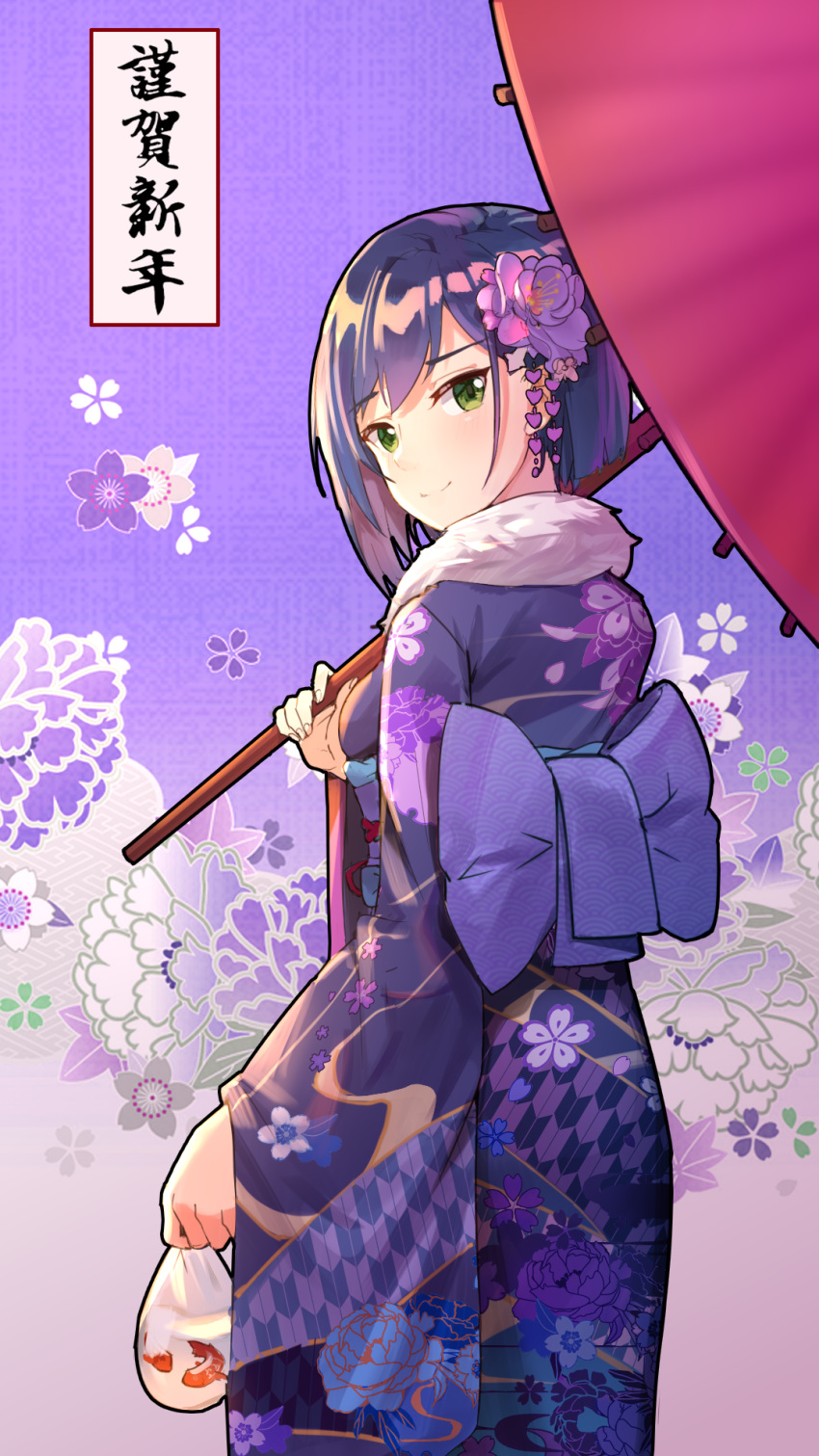 bag bagged_fish blue_hair bob_cut chinese_commentary chinese_new_year commentary_request darling_in_the_franxx fish floral_background flower from_behind goldfish green_eyes hair_flower hair_ornament highres ichigo_(darling_in_the_franxx) japanese_clothes kimono light_smile looking_at_viewer looking_back obi parasol sash short_hair translated umbrella wind_gone_rain_cease