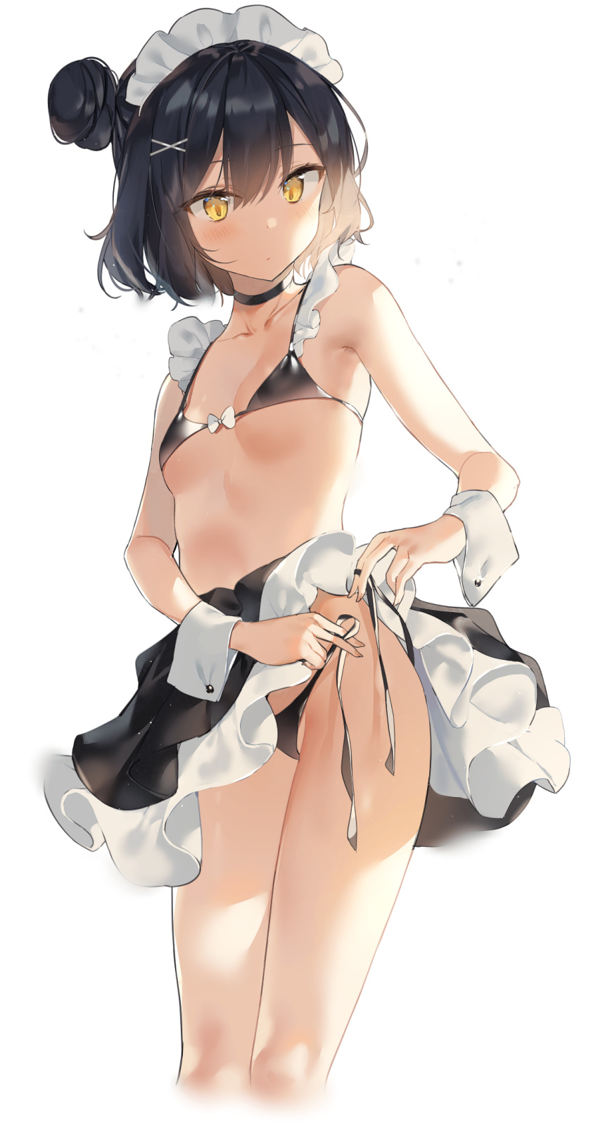 1girl armpits bangs bare_arms bare_shoulders bikini black_bikini black_choker black_hair black_skirt blush breasts choker closed_mouth collarbone hair_between_eyes hair_bun hair_ornament head_tilt highres long_hair looking_at_viewer maid_bikini maid_headdress micro_bikini_top miniskirt original sabet_(young_ouo) side-tie_bikini simple_background skirt small_breasts solo standing stomach swimsuit thighs tied_hair untied untied_bikini white_background wrist_cuffs x_hair_ornament yellow_eyes