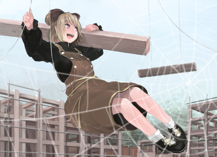 1girl :d arms_up bangs black_footwear black_shirt blonde_hair blue_sky bow brown_bow brown_dress brown_eyes commentary_request construction_site day dress full_body hair_bow hair_bun half_updo highres holding ichiba_youichi kurodani_yamame long_sleeves open_mouth outdoors overalls pocket puffy_sleeves shirt shoes short_hair silk sky smile socks solo spider_web touhou white_legwear wood