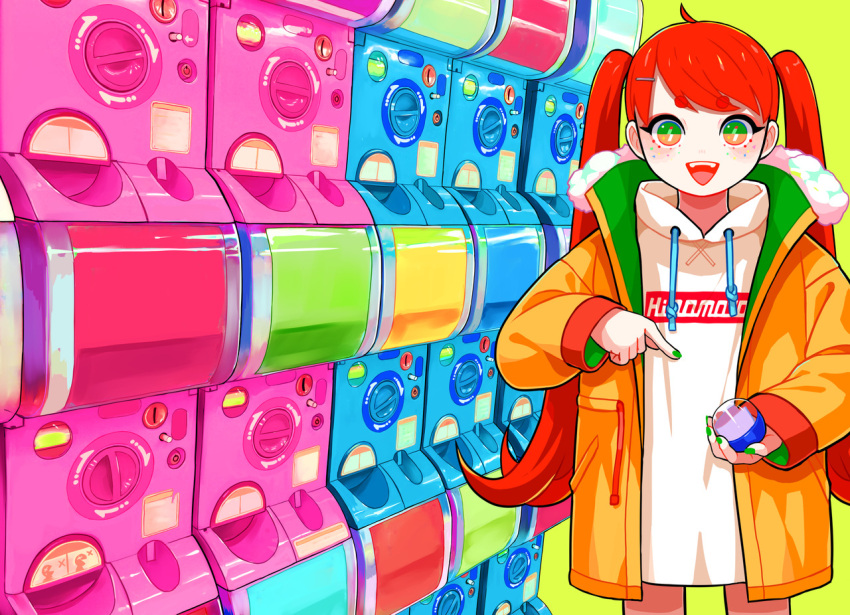 1girl bangs cowboy_shot drawstring gashapon gashapon_machine green_background green_eyes green_nails hair_ornament hairclip hakuro96 holding jacket long_hair long_sleeves looking_at_viewer multicolored multicolored_eyes nail_polish open_mouth orange_jacket original pointing redhead short_eyebrows simple_background smile solo sweater swept_bangs twintails very_long_hair white_sweater yellow_eyes