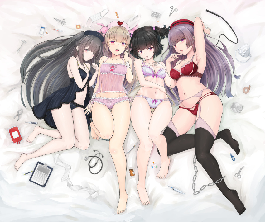 4girls absurdres arm_up babydoll bandage bandaged_arm bandages bangs bare_legs bare_shoulders barefoot bed_sheet black_babydoll black_hair black_legwear black_panties blunt_bangs blush bottle bow bow_bra bow_panties bra breasts brown_hair chains cleavage clipboard collarbone commentary_request crossover eyebrows_visible_through_hair frilled_panties frills garter_belt gluteal_fold groin hair_bobbles hair_ornament hand_up hands_up hat hell's_channel highres knee_up long_hair lying medium_breasts minai_karte multiple_crossover multiple_girls nail_polish natori_sana navel no_shoes on_back on_side open_mouth panties parted_lips pill pink_nails pink_panties red_bra red_eyes red_hat red_panties rokudou_mei sana_channel small_breasts stethoscope surgical_mask syringe takajin-chan takajin-channel temari_rin thigh-highs toenail_polish toenails twintails underwear underwear_only very_long_hair virtual_clinic virtual_youtuber white_bra white_panties