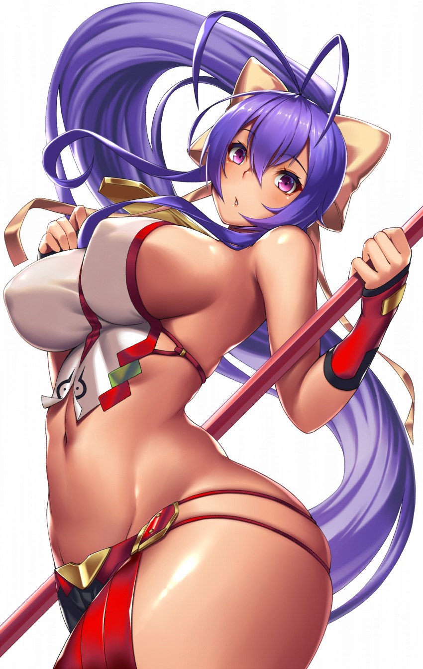 1girl antenna_hair bangs bare_shoulders blazblue blazblue_remix_heart blue_hair blush bow breasts curvy fingerless_gloves floating_hair gloves groin hair_between_eyes hair_bow hand_up highres holding holding_weapon large_breasts long_hair looking_at_viewer mai_natsume open_mouth ponytail ribbon shiny shiny_skin sideboob sidelocks skindentation solo takanashi-a very_long_hair violet_eyes weapon yellow_bow