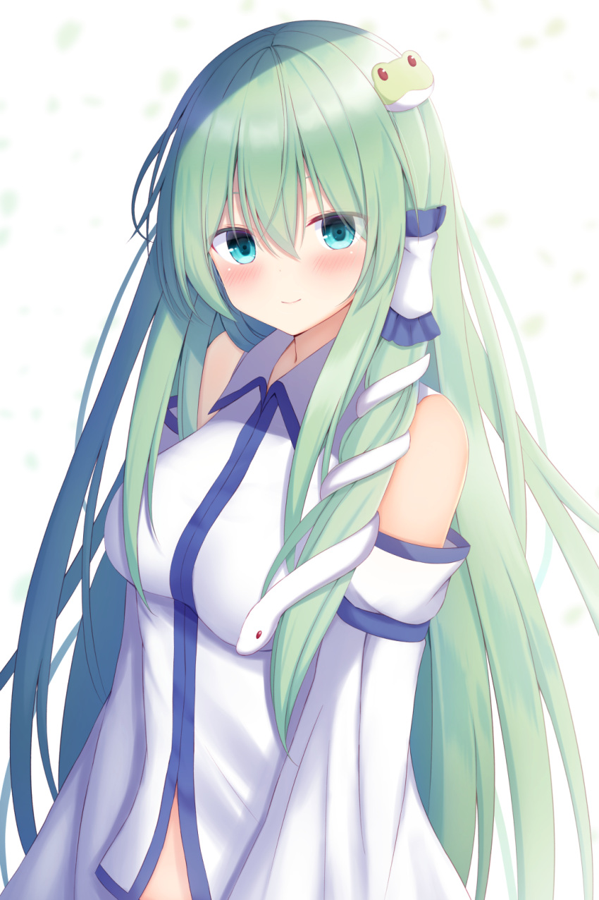 1girl aqua_eyes bangs bare_shoulders blush breasts closed_mouth collared_shirt commentary_request detached_sleeves firepo frog_hair_ornament green_hair hair_between_eyes hair_ornament hair_tubes highres japanese_clothes kochiya_sanae long_hair long_sleeves looking_at_viewer medium_breasts shirt sidelocks smile snake_hair_ornament solo stomach touhou upper_body white_background wide_sleeves
