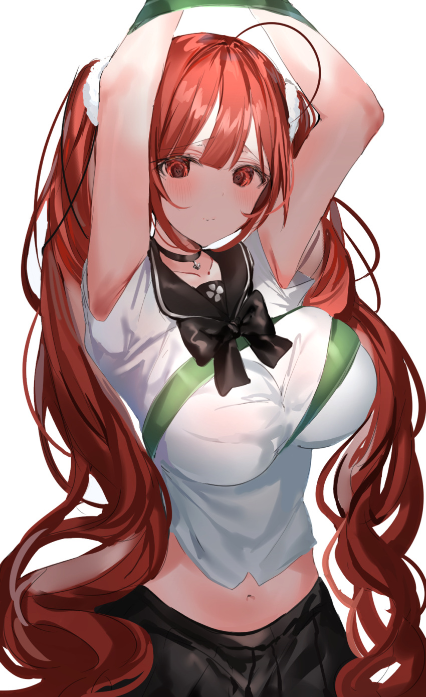 1girl ahoge armpits arms_up azur_lane bangs black_bow black_choker black_ribbon black_sailor_collar black_skirt blush bound bow breasts choker closed_mouth frown green_ribbon hair_ribbon highres honolulu_(azur_lane) large_breasts long_hair looking_at_viewer navel pleated_skirt red_eyes redhead ribbon ribbon_bondage sailor_collar school_uniform serafuku short_sleeves simple_background skirt solo standing tied_hair twintails very_long_hair wavy_mouth white_background white_serafuku yuuko_(030_yuko)