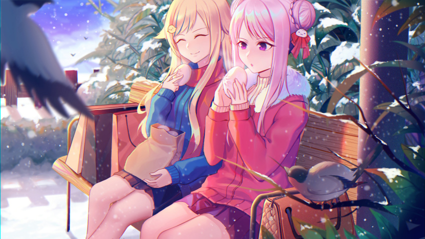 2girls :o ^_^ bag bangs baozi bench bird black_skirt blonde_hair blue_sweater blurry blurry_foreground blush bow bush closed_eyes closed_eyes closed_mouth commentary_request day depth_of_field double_bun duck_hair_ornament eyebrows_visible_through_hair facing_viewer feet_out_of_frame fence food fur-trimmed_jacket fur_trim hair_bow highres himehina_channel holding holding_food jacket long_hair multiple_girls on_bench outdoors park_bench parted_lips pink_hair plant pleated_skirt pos2457564744 purple_skirt red_bow red_jacket red_scarf scarf shopping_bag sitting skirt sleeves_past_wrists smile snow snowing steam suzuki_hina sweater swept_bangs tanaka_hime two-handed violet_eyes winter