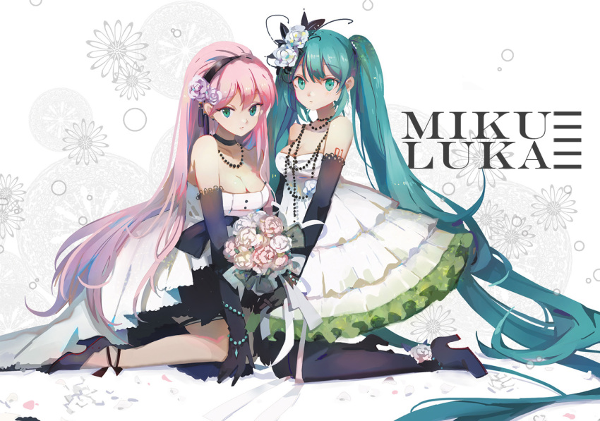 2girls bangs black_choker black_footwear black_gloves black_hairband black_legwear bouquet breasts character_name choker cleavage closed_mouth commentary_request dress elbow_gloves eyebrows_visible_through_hair floral_background flower gloves green_eyes green_hair hair_between_eyes hair_flower hair_ornament hairband hatsune_miku high_heels holding holding_bouquet jewelry kneeling layered_dress long_hair looking_at_viewer medium_breasts megurine_luka multiple_girls necklace pink_hair pleated_dress purple_flower purple_rose rose shadowsinking shoes strapless strapless_dress thigh-highs twintails very_long_hair vocaloid white_dress white_flower white_rose yuri