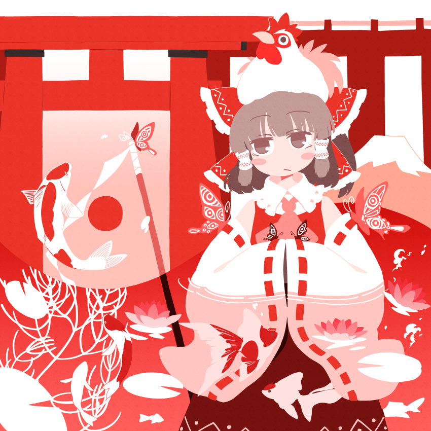 animal animal_on_head ascot bangs bird bird_on_head blush_stickers bow brown_eyes brown_hair chicken commentary_request detached_sleeves eyebrows_visible_through_hair fish flower gohei hair_bow hair_tubes hakurei_reimu highres ini_(inunabe00) koi lily_pad limited_palette lotus medium_hair mountain no_nose on_head partially_submerged pink_neckwear red_bow ribbon-trimmed_sleeves ribbon_trim touhou upper_body water wide_sleeves