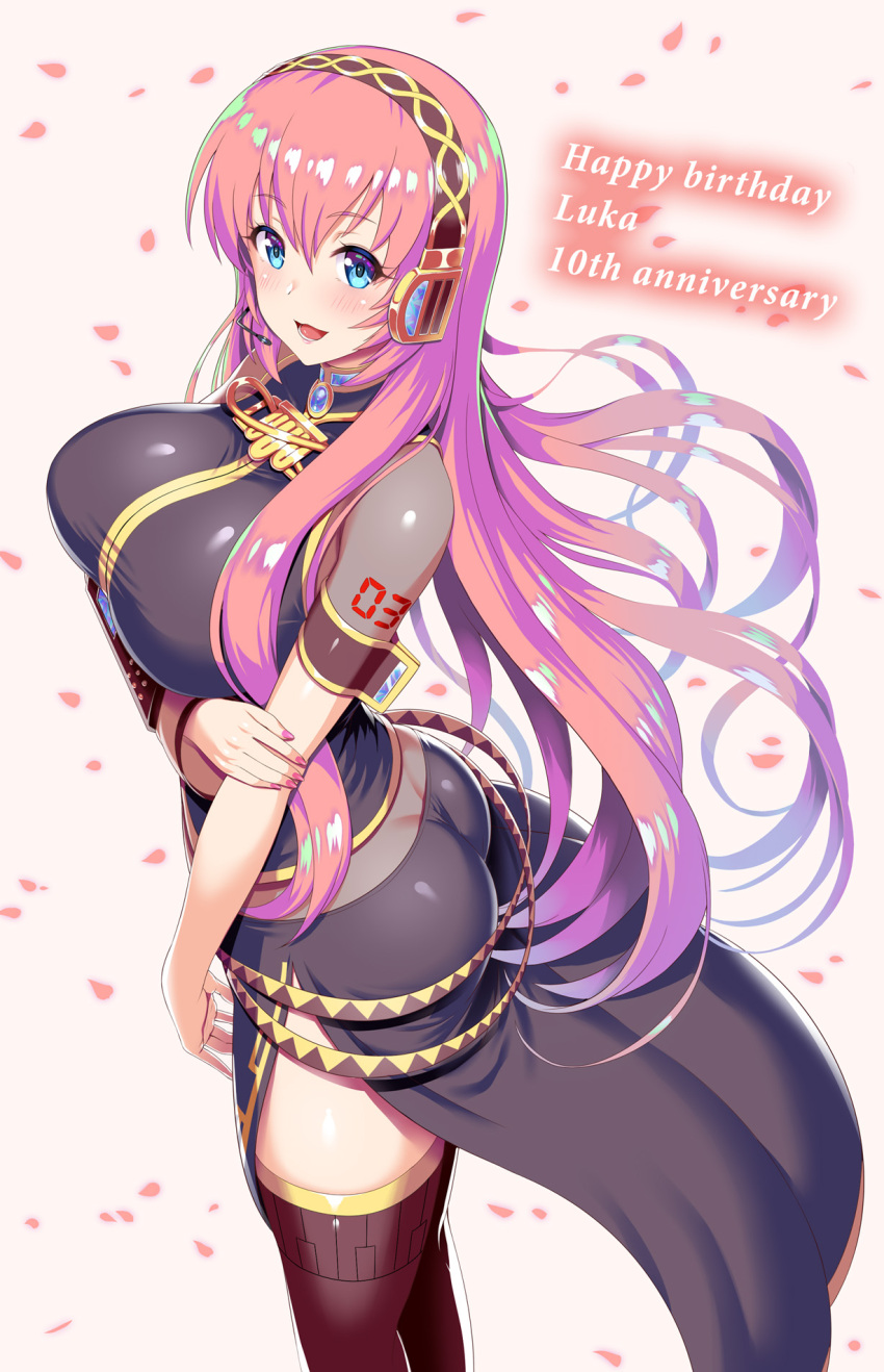 1girl ass black_legwear blue_eyes breasts commentary detached_sleeves eyebrows_visible_through_hair headset highres kawase_seiki large_breasts lips long_hair long_skirt looking_at_viewer megurine_luka nail_polish open_mouth petals pink_hair shiny shiny_hair shiny_skin shoulder_tattoo side_slit skirt smile solo tattoo thigh-highs very_long_hair vocaloid