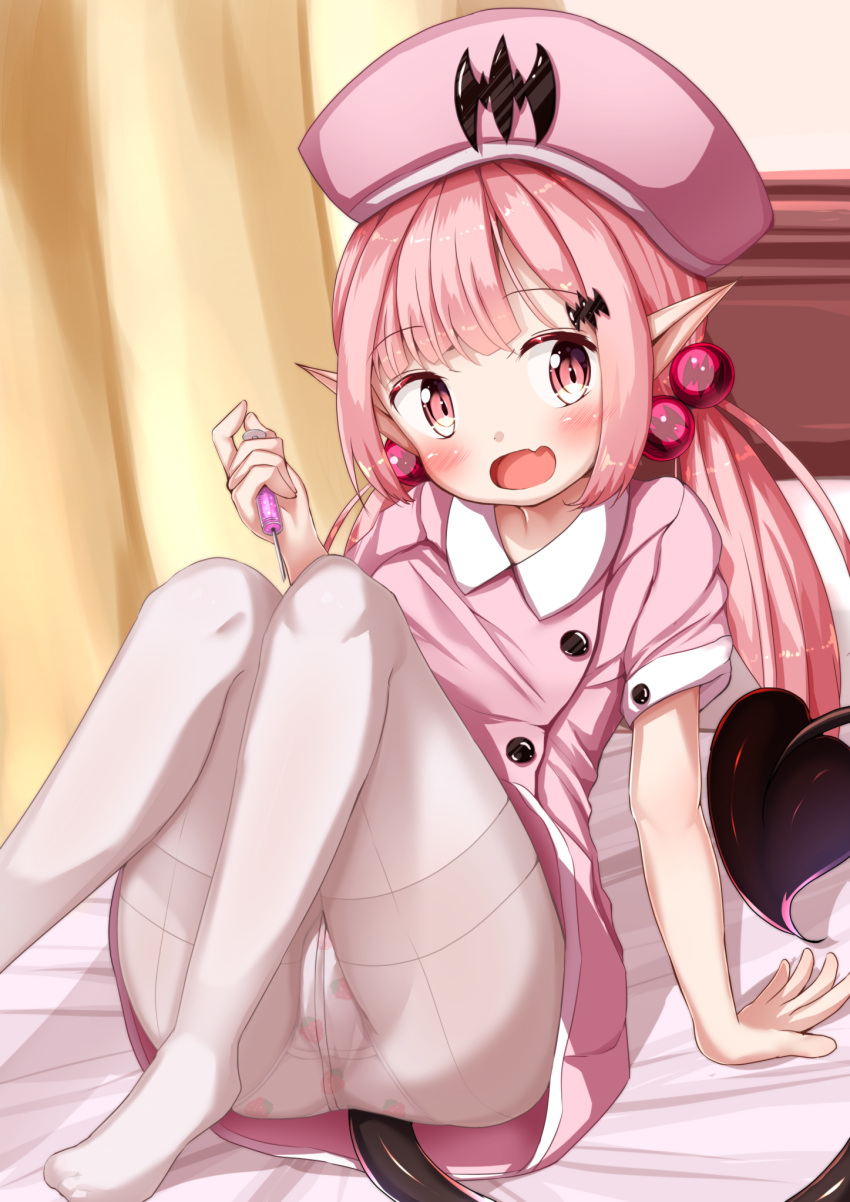 1girl :d arm_support ass bangs blush commentary_request curtains demon_girl demon_tail dress eyebrows_visible_through_hair fang food_print hair_bobbles hair_ornament hat head_tilt highres holding holding_syringe indoors knees_up long_hair low_twintails mochiyuki no_shoes nurse nurse_cap on_bed open_mouth original panties panties_under_pantyhose pantyhose pink_dress pink_hair pink_hat pointy_ears print_panties red_eyes short_sleeves sidelocks smile solo strawberry_panties strawberry_print succubus syringe tail twintails underwear very_long_hair white_legwear