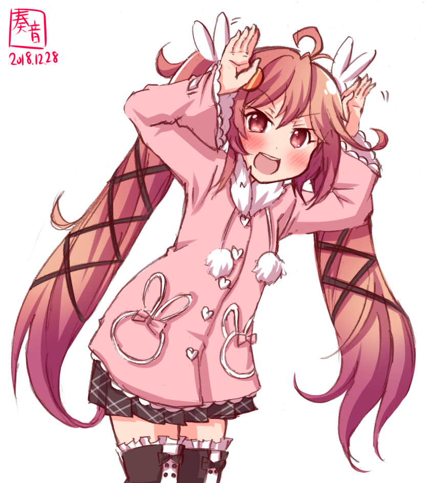 1girl ahoge alternate_costume artist_logo bunny_pose commentary_request cowboy_shot dated grey_skirt hands_up highres kanon_(kurogane_knights) kantai_collection long_hair looking_at_viewer pink_coat pink_eyes pink_hair pleated_skirt simple_background skirt solo uzuki_(kantai_collection) white_background
