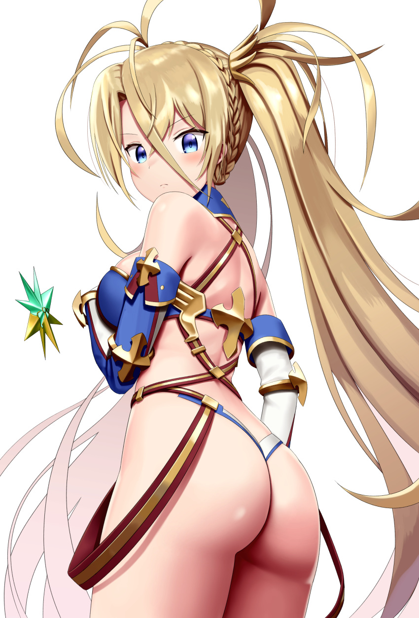 1girl absurdres ass back bangs bare_shoulders bikini blonde_hair blue_bikini blue_eyes blue_gloves blush bradamante_(fate/grand_order) braid breasts closed_mouth crown_braid elbow_gloves eyebrows_visible_through_hair fate/grand_order fate_(series) french_braid gloves hair_between_eyes hair_ornament halterneck highres long_hair looking_at_viewer looking_back medium_breasts sanbe_futoshi simple_background solo swimsuit twintails two-tone_bikini very_long_hair white_background white_bikini