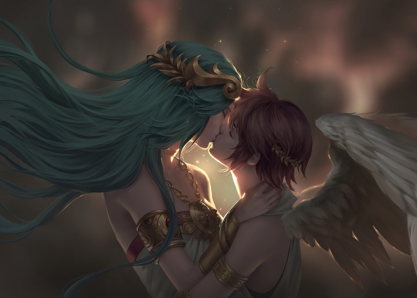 1boy 1girl absurdres angel_wings blonde_hair blue_eyes blush bracer breasts brown_hair chuby_mi closed_eyes couple gloves green_hair highres kid_icarus kid_icarus_uprising kiss long_hair nintendo palutena pit_(kid_icarus) short_hair tiara wings