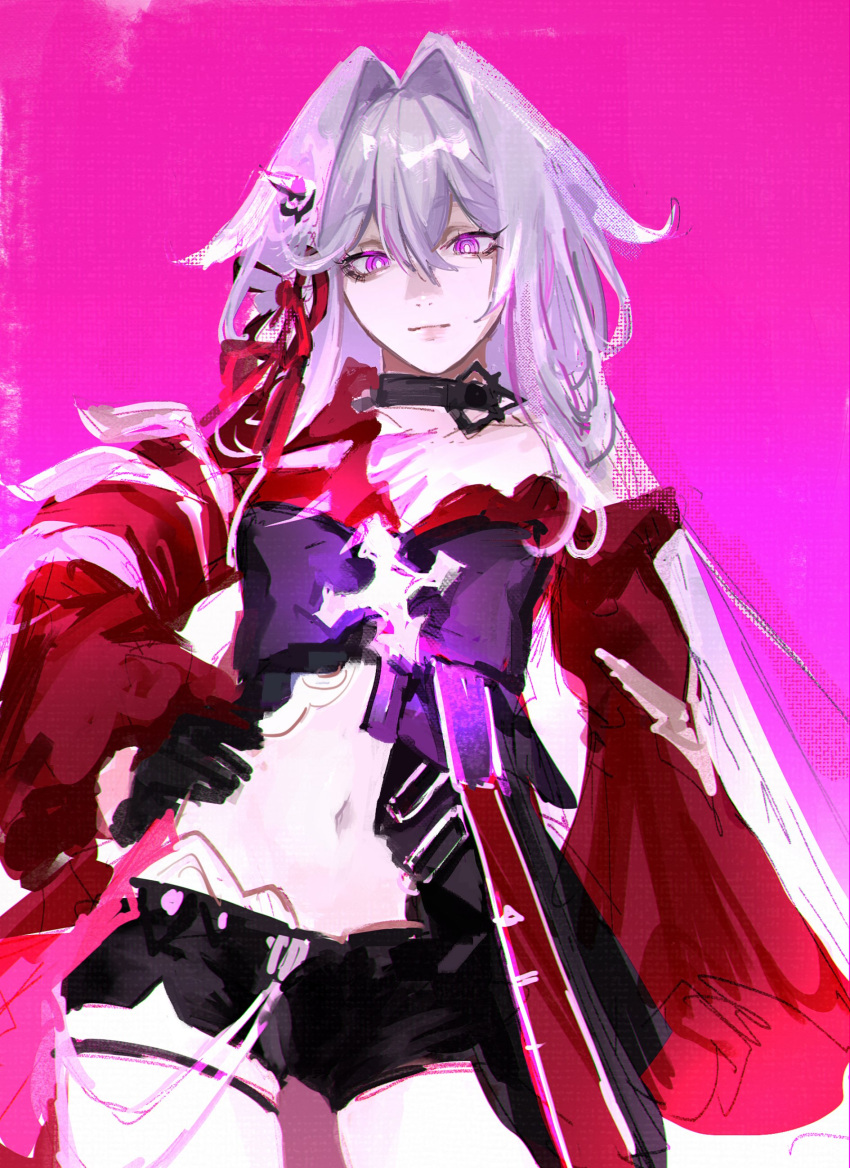 1girl absurdres bare_legs black_choker black_gloves black_shorts choker cross crysangria expressionless gloves hand_on_own_hip highres honkai_(series) honkai_impact_3rd jacket long_hair long_sleeves looking_at_viewer navel purple_background purple_ribbon red_jacket red_ribbon ribbon ribbon_hair_ornament shorts solo_focus thelema_(honkai_impact_3rd) upper_body violet_eyes white_hair