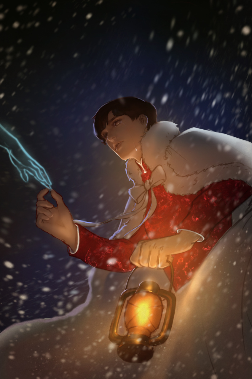1boy black_hair brown_eyes cloak cocoice025 crying crying_with_eyes_open ghost hand_holding hands highres holding_lantern lantern long_sleeves night night_sky outdoors sky snowing standing tears