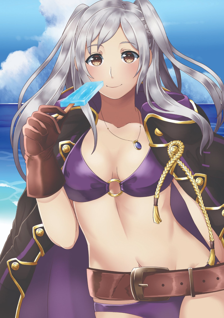 1girl belly_button belt bikini blue_sky brown_eyes brown_gloves closed_mouth clouds cute day female_my_unit_(fire_emblem:_kakusei) fire_emblem fire_emblem:_kakusei fire_emblem_heroes food gloves highres intelligent_systems jewelry long_hair maji_(majibomber) my_unit_(fire_emblem:_kakusei) necklace nintendo outdoors popsicle sky smile solo swimsuit twintails water white_hair
