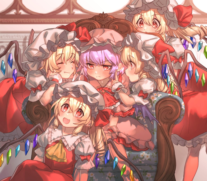 &gt;:( 5girls :3 :d ^_^ ascot bangs bent_over blonde_hair blush bow brooch closed_eyes closed_eyes commentary_request couch crystal eyebrows_visible_through_hair facing_another fang_out feet_out_of_frame flandre_scarlet floral_print four_of_a_kind_(touhou) frilled_shirt_collar frills from_side hair_between_eyes hands_up hat hat_bow highres index_finger_raised indoors jewelry lavender_hair long_hair masanaga_(tsukasa) mob_cap multiple_girls multiple_persona one_side_up open_mouth petticoat pink_hat pointy_ears profile puffy_short_sleeves puffy_sleeves red_bow red_eyes red_neckwear red_skirt red_vest remilia_scarlet shadow shirt short_hair short_sleeves siblings sisters sitting skirt skirt_set smile socks touhou v-shaped_eyebrows vest white_hat white_legwear white_shirt wings wrist_cuffs yellow_neckwear