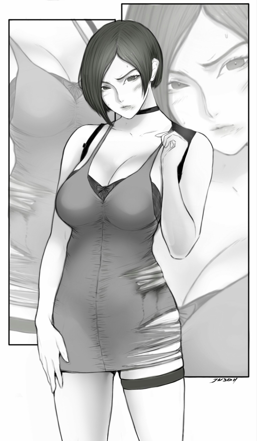 1girl absurdres ada_wong breasts cleavage dress greyscale highres large_breasts monochrome resident_evil resident_evil_2 short_dress short_hair sleeveless sleeveless_dress solo