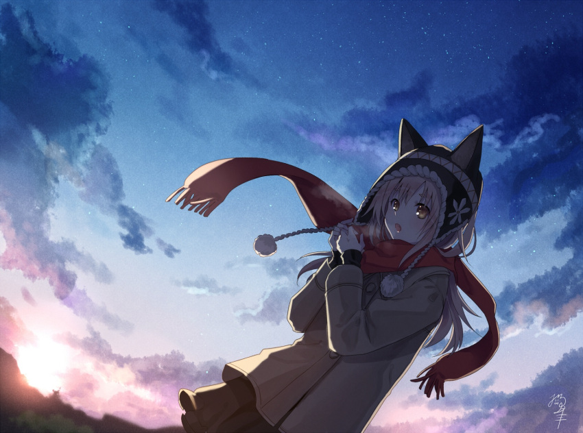 1girl :o animal_ears animal_hat backlighting bangs black_hat black_skirt blue_sky breath brown_coat clouds cloudy_sky coat commentary_request dutch_angle enpera fake_animal_ears fringe_trim hands_up hat highres long_hair long_sleeves looking_at_viewer miniskirt nekozuki_yuki open_mouth original outdoors pink_hair red_scarf scarf signature skirt sky sleeves_past_wrists solo standing star_(sky) starry_sky sunrise thick_eyebrows winter_clothes yellow_eyes