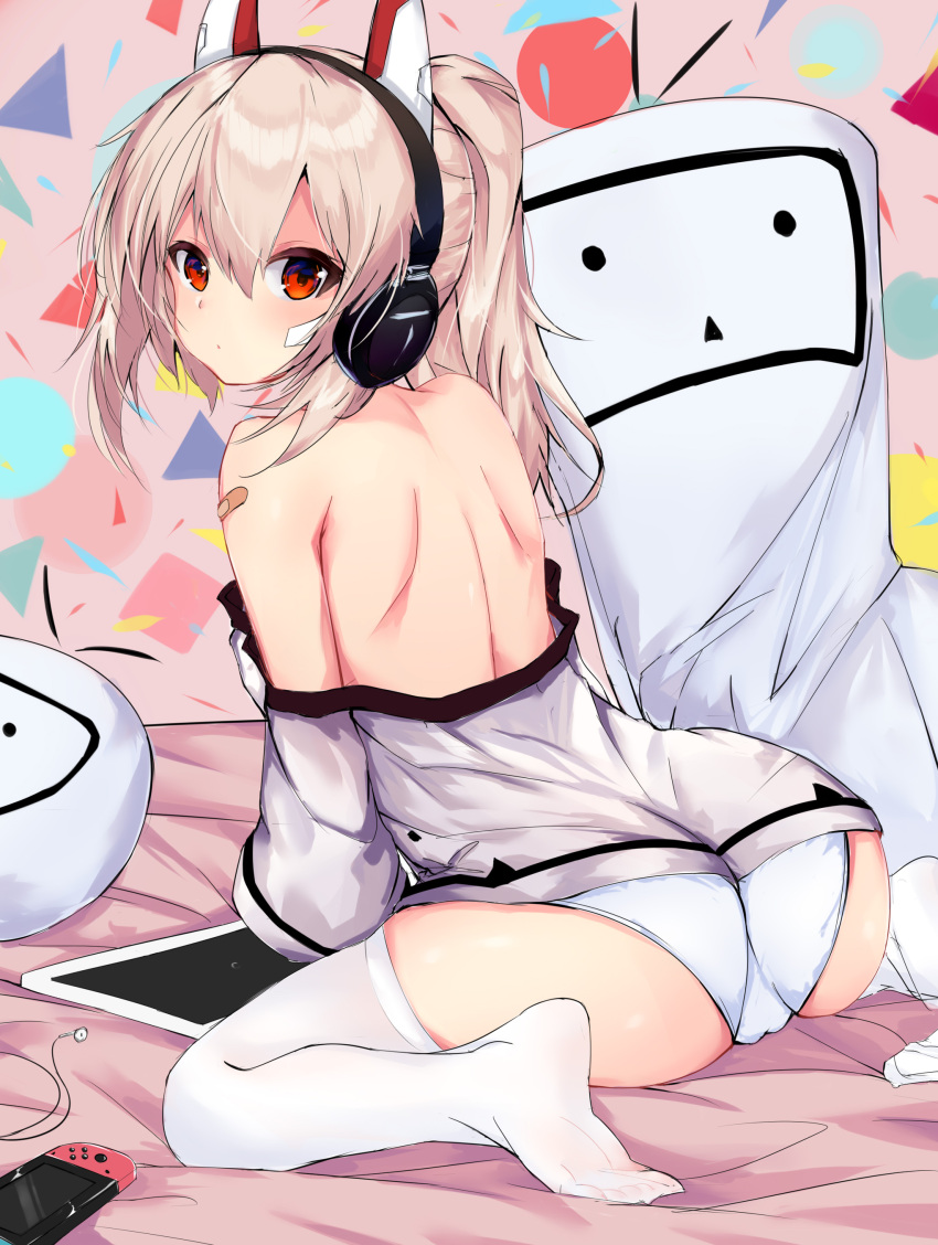 1girl absurdres ass ayanami_(azur_lane) azur_lane bandaid bandaid_on_arm bandaid_on_face bare_back bare_shoulders bed commentary_request earphones earphones from_behind headphones headpiece highres looking_at_viewer niconico nintendo_switch on_bed panties platinum_blonde_hair ponytail red_eyes shirt_slip shoulder_blades sitting solo sutorea tablet_pc thigh-highs underwear wariza white_legwear white_panties