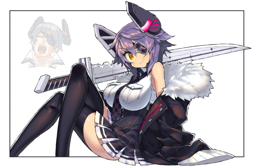 1boy 1girl bangs bare_shoulders black_jacket black_legwear black_skirt breast_pocket breasts checkered checkered_neckwear crossover eyebrows_visible_through_hair eyepatch hair_between_eyes high-waist_skirt holding holding_sword holding_weapon itsumo_nokoru jacket kantai_collection large_breasts legs_crossed looking_at_viewer messy_hair necktie nintendo open_mouth pleated_skirt pocket purple_hair remodel_(kantai_collection) school_uniform short_hair simple_background skirt smile sword tenryuu_(kantai_collection) translation_request weapon white_background xenoblade_(series) xenoblade_2 yellow_eyes zeke_b_arutimetto_genbu