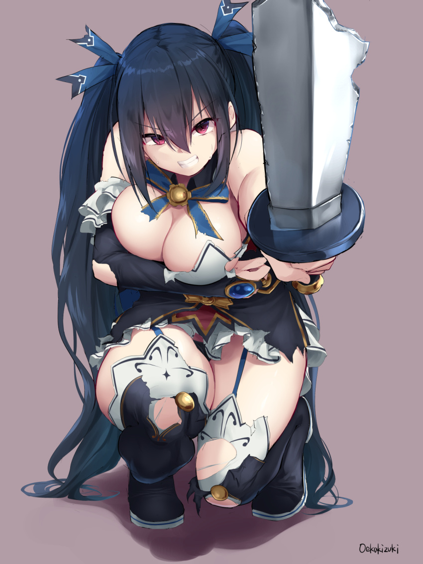 1girl after_battle angry arm_support bare_shoulders black_hair blue_ribbon breasts broken broken_sword broken_weapon choujigen_game_neptune cleavage clenched_teeth commentary detached_collar detached_sleeves full_body garter_straps hair_between_eyes hair_ribbon highres large_breasts long_hair looking_at_viewer neptune_(series) noire oekakizuki panties pantyshot pantyshot_(squatting) red_eyes ribbon signature simple_background skirt solo squatting sword teeth torn_boots torn_clothes torn_legwear torn_skirt torn_sleeves twintails underwear very_long_hair weapon white_skirt