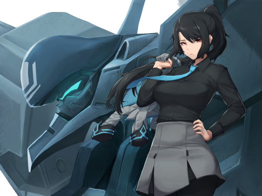 1girl bangs black_hair black_shirt blue_neckwear breasts closed_mouth collared_shirt commentary commission dress_shirt english_commentary grey_skirt high_ponytail highres holding holding_jacket jacket jacket_over_shoulder large_breasts looking_at_viewer mecha muvluv naoko_(9113419) orange_eyes original pantyhose pencil_skirt ponytail robot shirt skirt