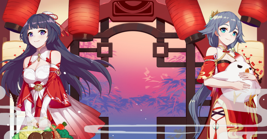 2girls artist_request basket blue_eyes breasts cleavage cleavage_cutout closed_mouth detached_sleeves dress food fu_hua hair_ornament highres honkai_(series) honkai_impact_3 indoors lantern long_hair looking_at_viewer low_ponytail medium_breasts multiple_girls official_art paper_lantern purple_hair raiden_mei red_dress side_slit silver_hair single_sidelock small_breasts smile vegetable very_long_hair violet_eyes