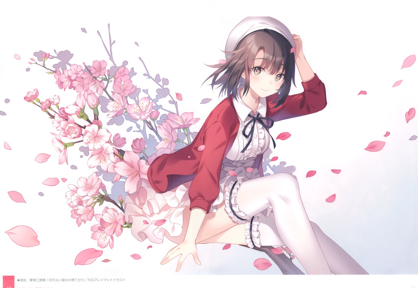1girl absurdres arm_up bangs beret breasts brown_hair center_frills cherry_blossoms closed_mouth feet_out_of_frame floral_background flower frills garters hand_on_headwear hat highres katou_megumi looking_at_viewer medium_breasts neck_ribbon petals ribbon rie_(reverie) saenai_heroine_no_sodatekata scan smile solo thigh-highs white_legwear wind