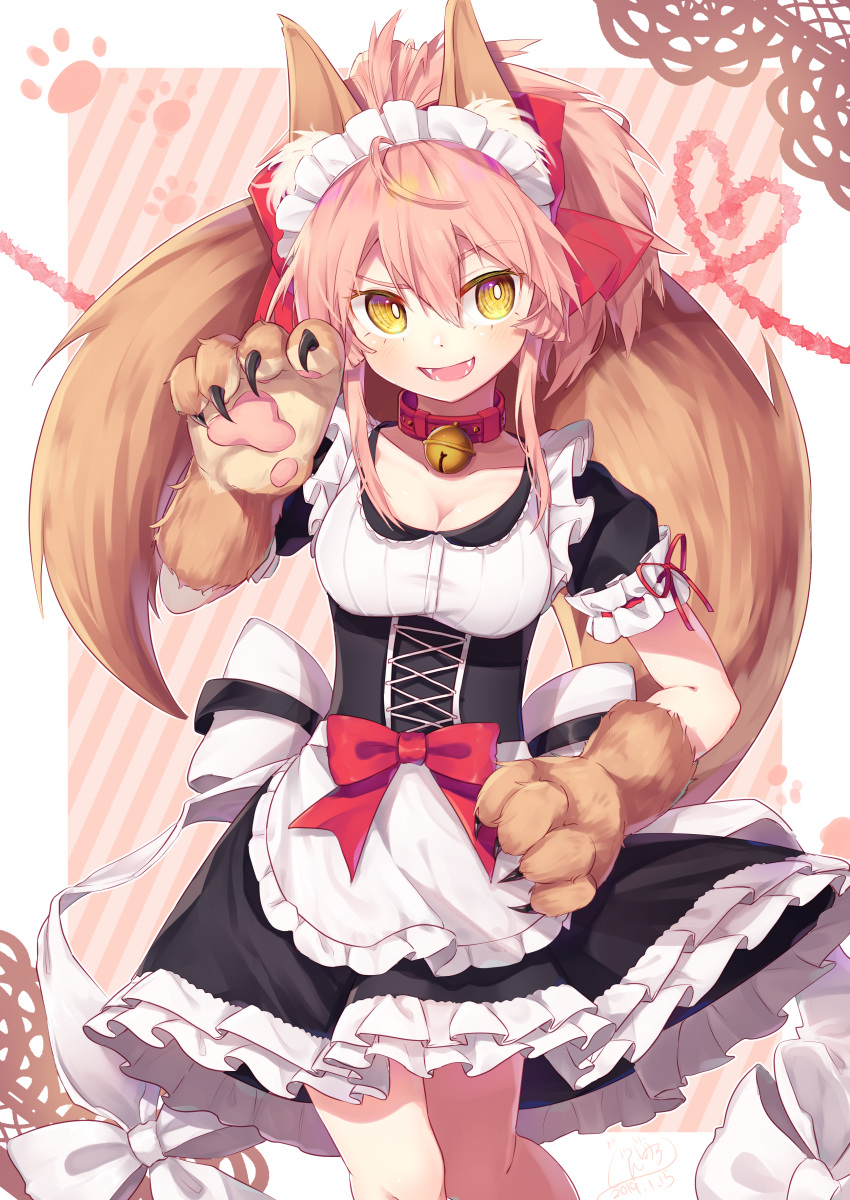 absurdres animal_ear_fluff animal_ears apron arm_cuffs bell bell_collar black_dress blush border bow breasts claw_pose claws cleavage collar commentary_request cross-laced_clothes dress eyebrows_visible_through_hair fangs fate/extra fate/grand_order fate_(series) fox_ears fox_girl fox_tail gunjou_row hair_between_eyes hair_bow hand_on_hip hand_up heart heart_of_string highres jingle_bell looking_to_the_side maid_headdress medium_breasts open_mouth paw_background paws petticoat pink_hair puffy_short_sleeves puffy_sleeves red_bow red_ribbon ribbon sash short_hair_with_long_locks short_sleeves sidelocks striped striped_background tail tamamo_(fate)_(all) tamamo_cat_(fate) waist_apron white_apron white_border white_bow white_ribbon yellow_eyes
