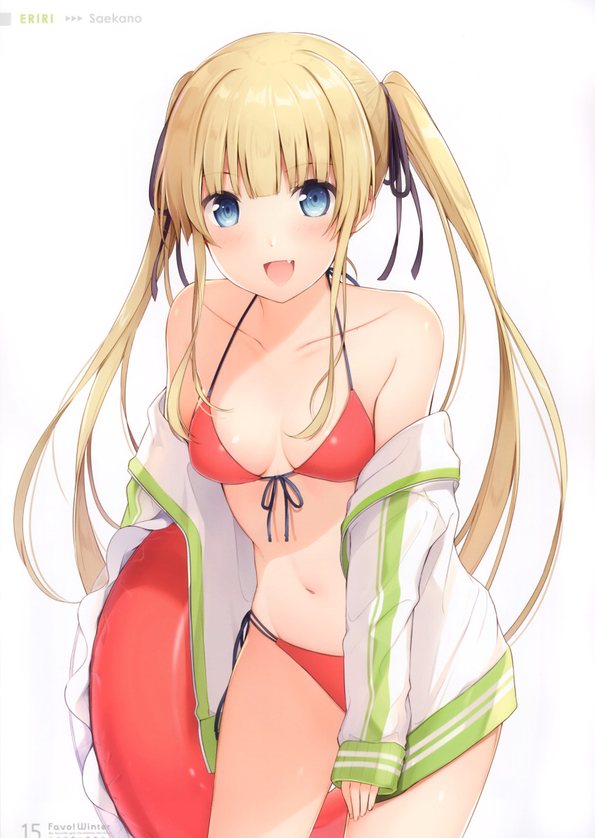 1girl 6u_(eternal_land) absurdres bangs bare_shoulders bikini blonde_hair blue_eyes blush bow bowtie collarbone eyebrows_visible_through_hair fang hair_bow highres holding innertube jacket long_sleeves looking_at_viewer navel off_shoulder open_clothes open_jacket open_mouth red_bikini saenai_heroine_no_sodatekata sawamura_spencer_eriri scan side-tie_bikini simple_background sleeves_past_wrists smile solo swimsuit twintails white_background
