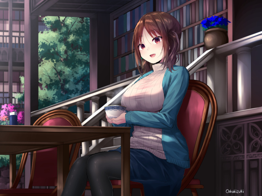 1girl :d black_legwear blue_jacket blue_skirt blush book bookshelf breasts brown_hair chair copyright_request cup eyebrows_visible_through_hair feet_out_of_frame holding holding_cup impossible_clothes impossible_sweater indoors jacket large_breasts library long_hair long_sleeves looking_at_viewer oekakizuki on_chair open_clothes open_jacket open_mouth pantyhose plant potted_plant short_twintails sitting skirt smile solo stairs sweater table teacup tree turtleneck turtleneck_sweater twintails two-handed violet_eyes white_sweater