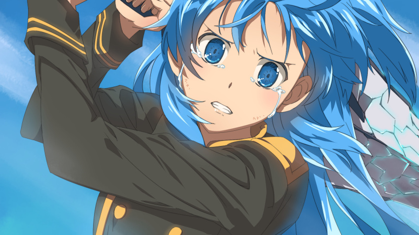 1girl black_jacket blue_eyes blue_hair blue_sky chiharu_(9654784) chtholly_nota_seniorious clenched_teeth crying crying_with_eyes_open day floating_hair highres holding holding_sword holding_weapon jacket long_hair long_sleeves looking_at_viewer one_side_up outdoors shuumatsu_nani_shitemasu_ka? sky solo sword tears teeth upper_body weapon