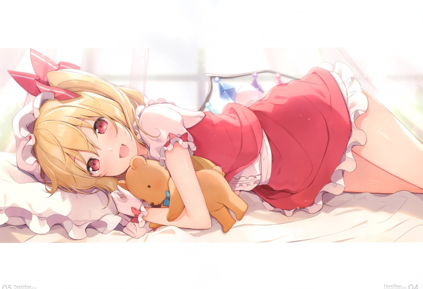 1girl 6u_(eternal_land) :d absurdres bangs bed_sheet blonde_hair blue_bow blue_neckwear blush bow bowtie center_frills cowboy_shot crystal curtains eyebrows_visible_through_hair fang flandre_scarlet frills gloves hair_between_eyes hands_up hat hat_ribbon highres holding holding_stuffed_animal indoors looking_at_viewer lying miniskirt mob_cap object_hug on_side one_side_up open_mouth page_number pillow red_bow red_eyes red_ribbon red_skirt red_vest ribbon scan shadow shirt short_hair skirt skirt_set smile solo stuffed_animal stuffed_toy teddy_bear thighs touhou vest white_gloves white_hat white_shirt window wings