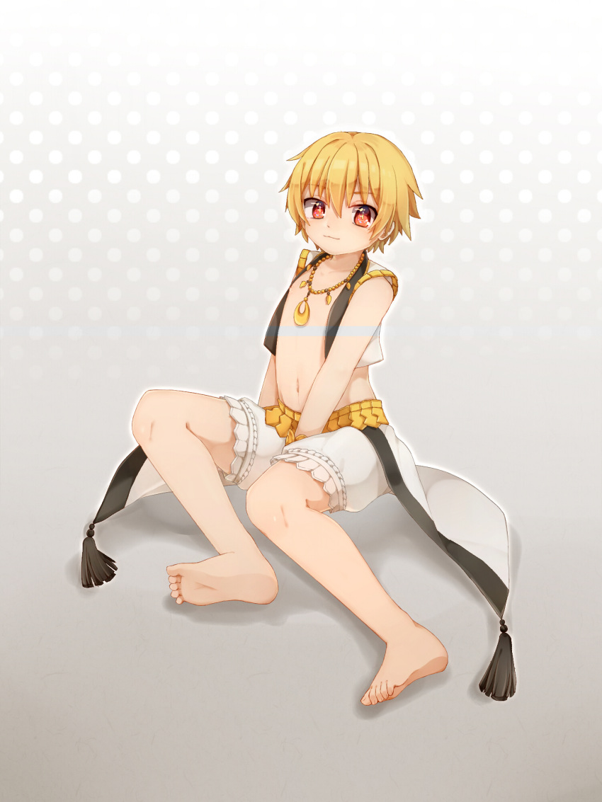 1boy :3 barefoot blonde_hair blush child_gilgamesh eyuzi_i fate/grand_order fate_(series) feet full_body hair_between_eyes highres jewelry looking_at_viewer male_focus navel necklace nipples red_eyes sitting sitting_on_floor smile