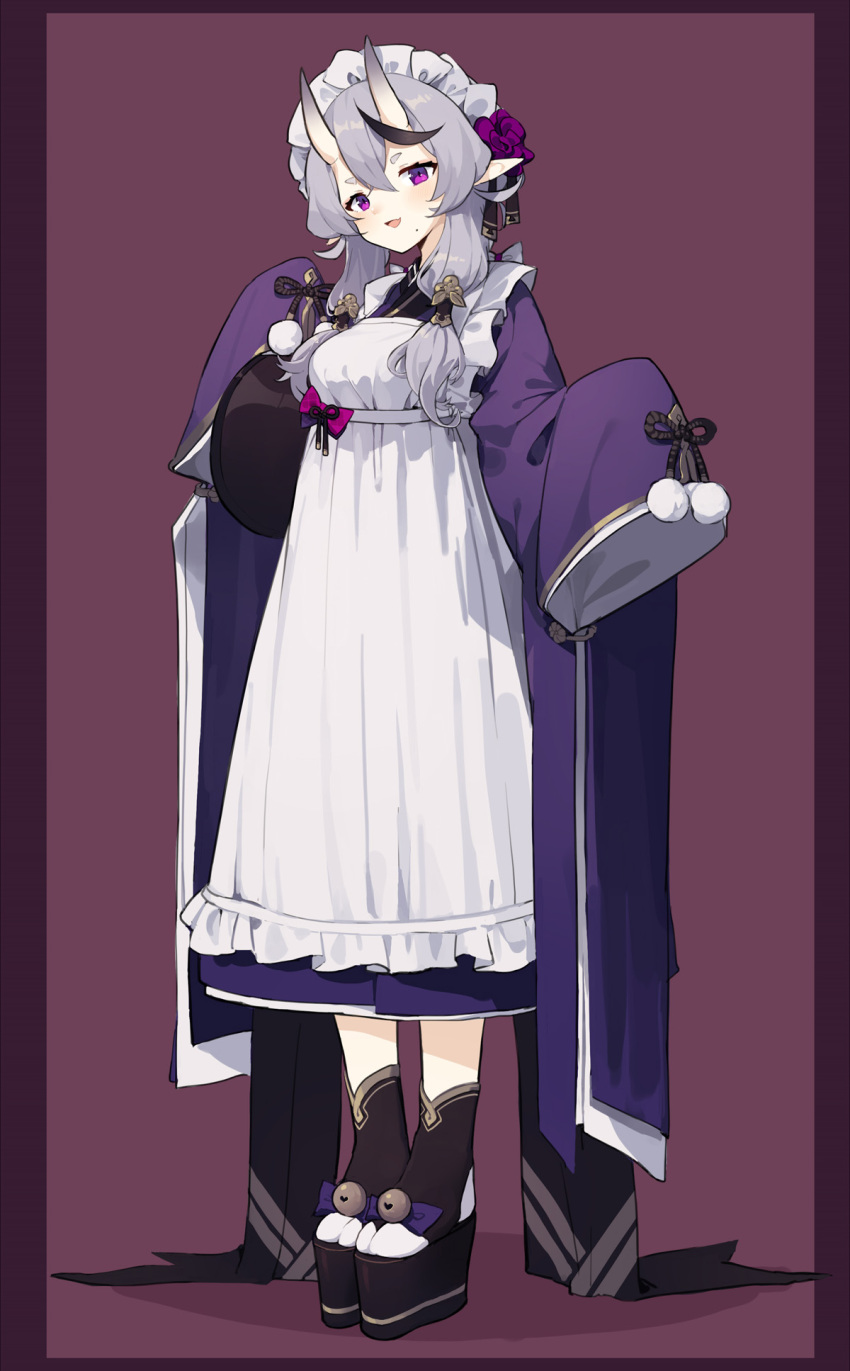 1girl :d apron bangs black_footwear black_hair blush dress flower frills full_body grey_hair hair_between_eyes hair_flower hair_ornament hand_up head_tilt highres long_dress long_hair long_sleeves looking_at_viewer maid_headdress mole mole_under_mouth multicolored_hair nijisanji oni_horns open_mouth platform_footwear pointy_ears purple_flower purple_rose rindou_mikoto rose sh_(562835932) shadow sleeves_past_fingers sleeves_past_wrists smile socks solo standing streaked_hair thick_eyebrows violet_eyes virtual_youtuber white_legwear wide_sleeves