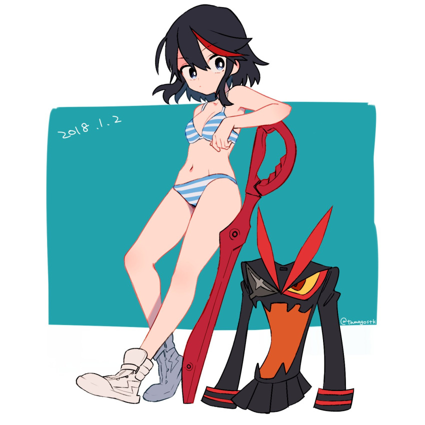 1girl bangs black_hair blue_bra blue_eyes blue_panties bra breasts cleavage closed_mouth commentary dated eyebrows_visible_through_hair frown green_background high_tops highlights highres holding kill_la_kill leaning_back leaning_on_object legs living_clothes matoi_ryuuko medium_breasts mittsun multicolored_hair navel no_legwear outside_border panties redhead senketsu shoes short_hair solo standing streaked_hair striped striped_bra striped_panties twitter_username two-tone_hair underwear underwear_only white_footwear