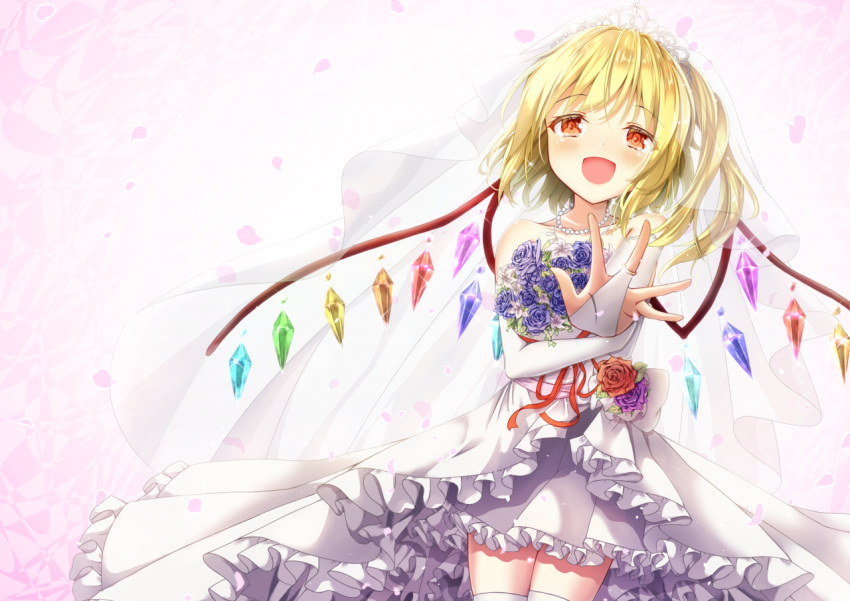 1girl :d bangs bare_shoulders bead_necklace beads blonde_hair blue_flower blue_rose blush bouquet bridal_gauntlets bridal_veil bride collarbone commentary_request cowboy_shot crystal dress flandre_scarlet flower frilled_dress frills holding holding_bouquet jewelry loli_ta1582 looking_at_viewer necklace one_side_up open_mouth orange_eyes outstretched_hand petals purple_flower purple_rose red_flower rose short_hair smile solo standing thigh-highs touhou veil wedding_dress white_dress white_legwear wings
