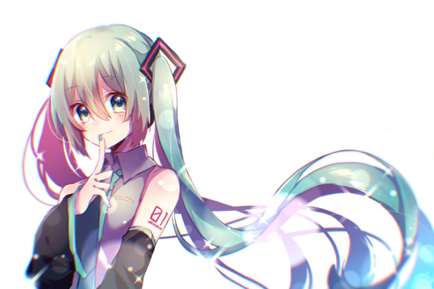 1girl aqua_eyes aqua_hair aqua_nails aqua_neckwear bangs collared_shirt detached_sleeves finger_to_mouth grey_shirt hair_between_eyes hair_blowing hatsune_miku hazakura_chikori long_hair looking_at_viewer nail_polish necktie number_tattoo shirt shoulder_tattoo smile solo tattoo twintails upper_body very_long_hair vocaloid white_background